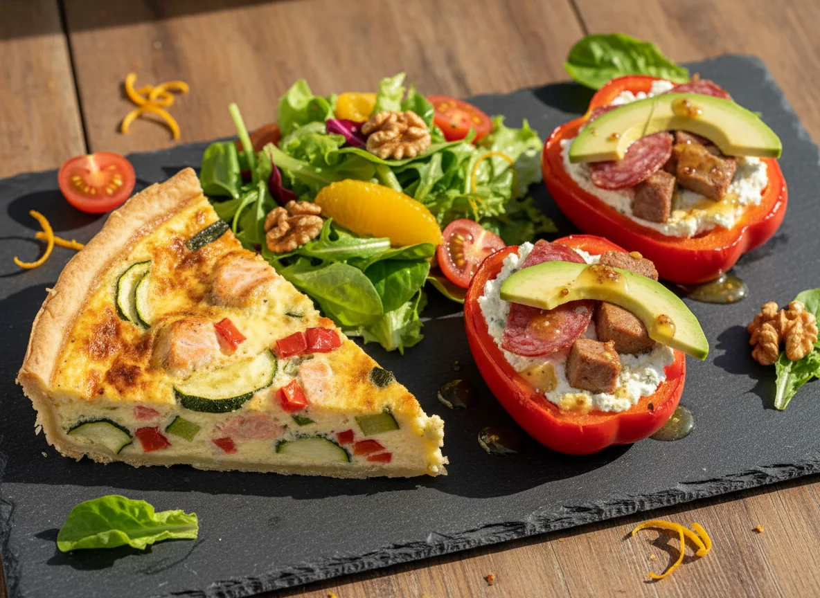 Hausgemachter Lachs-Gemüse-Quiche mit Salat und gefüllter Paprika photo