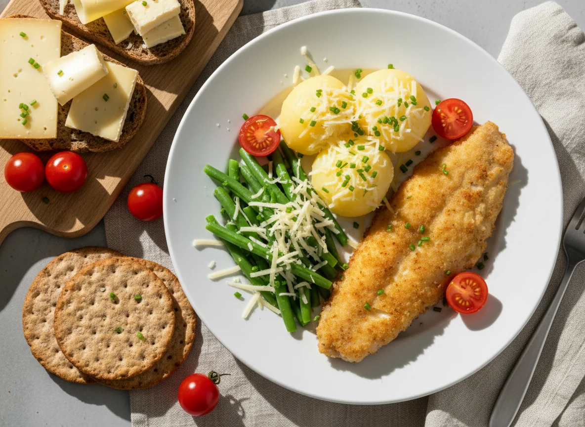 Hausgemachtes Fischgericht mit Beilagen photo