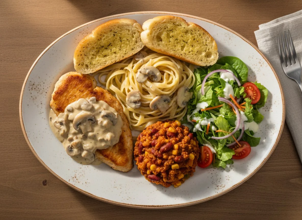 Hausgemachtes Gericht mit Hähnchen, Nudeln und Salat photo