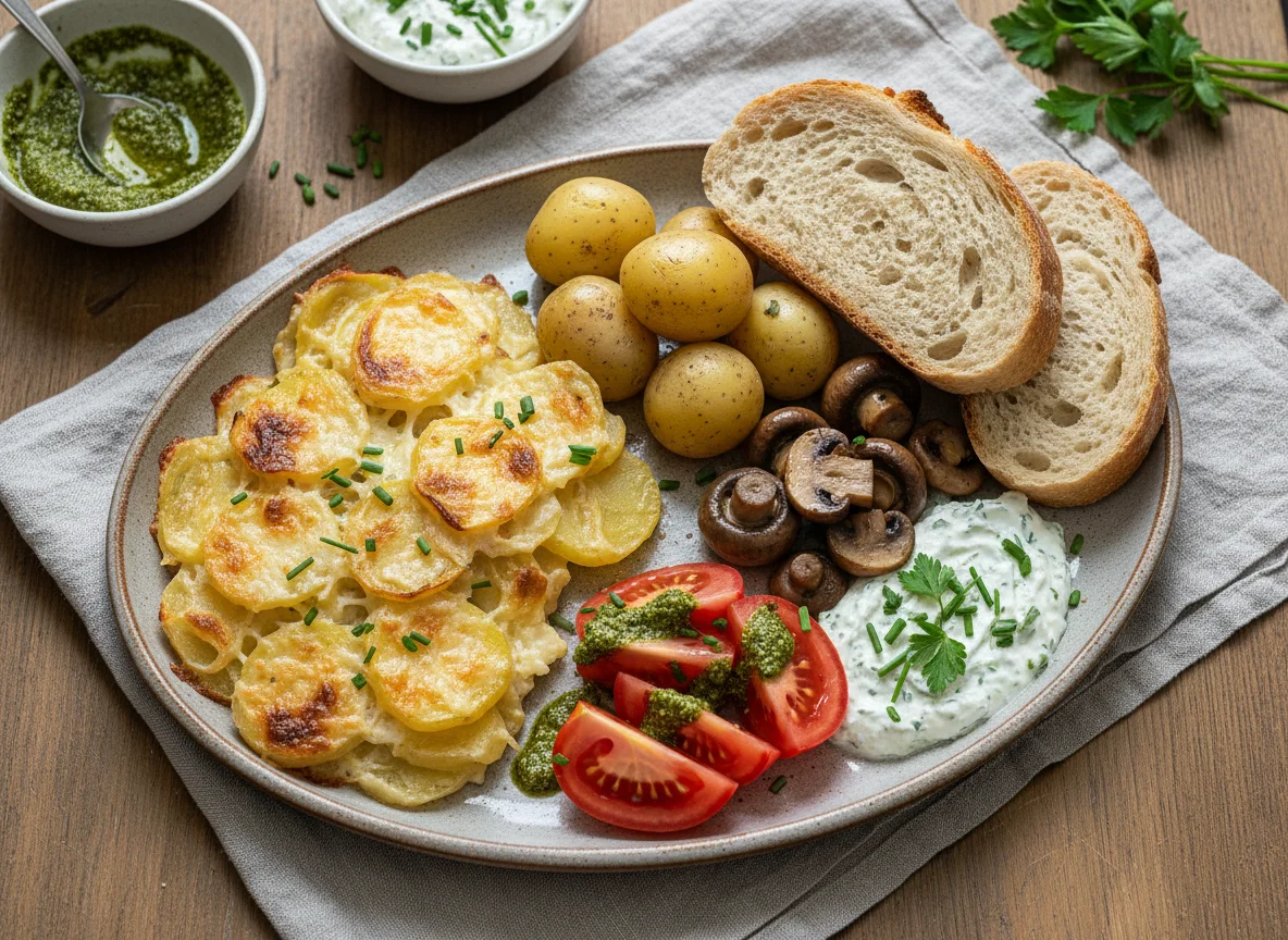 Hausgemachtes Gratin mit Beilagen photo