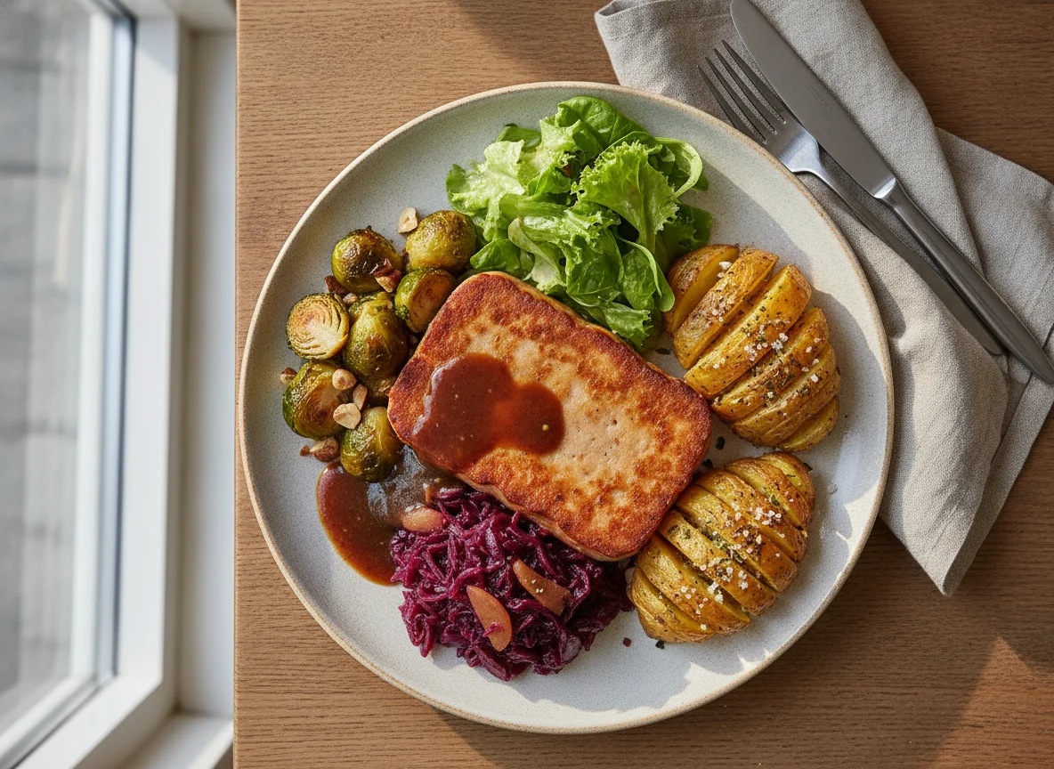 Hausmannskost mit Fleischkäse und Beilagen photo
