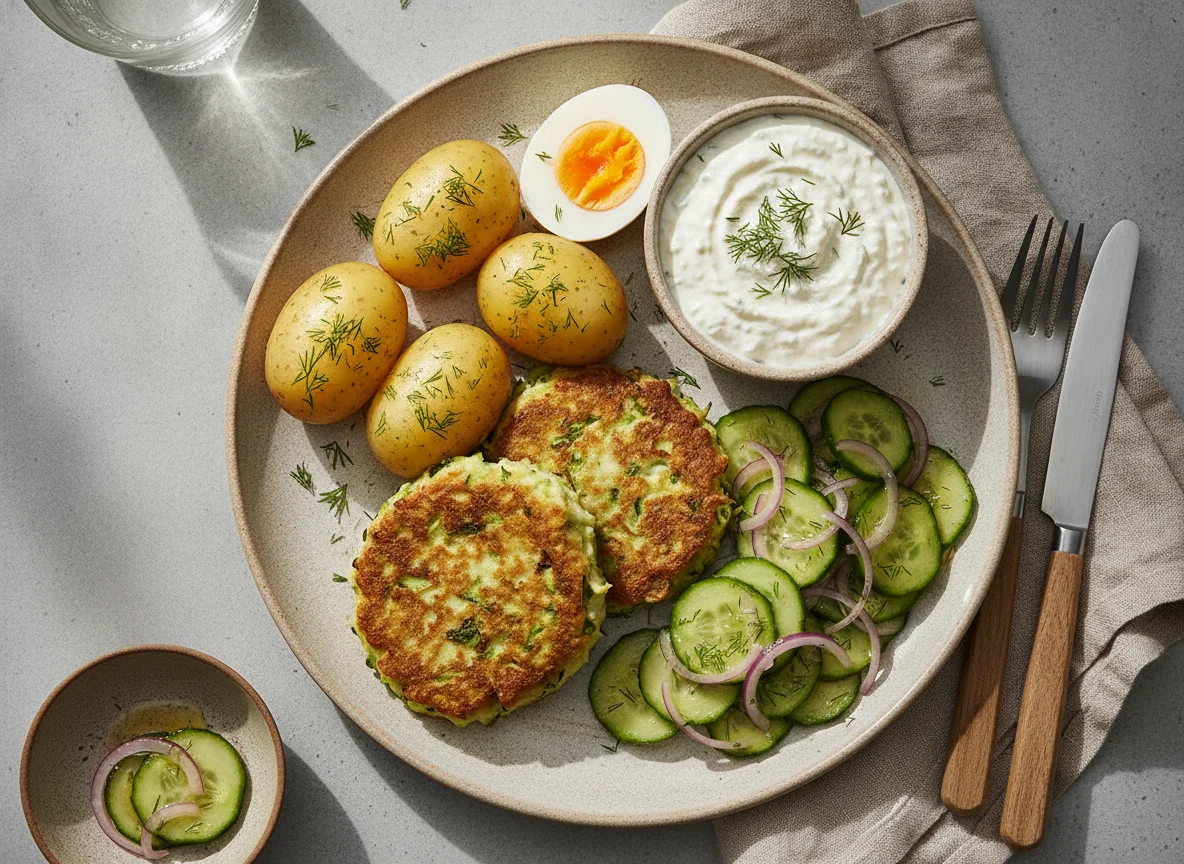 Hausmannskost mit Kartoffeln, Quark und Gurkensalat photo