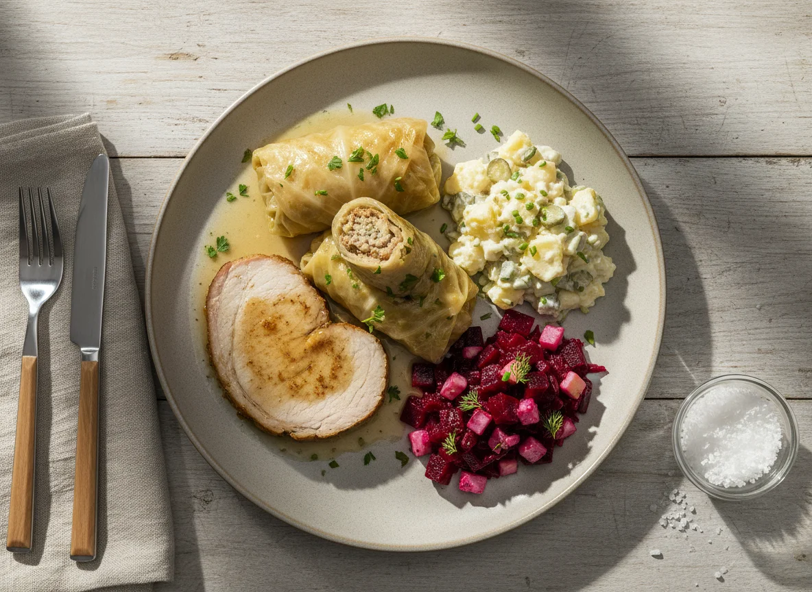 Hausmannskost mit Krautwickel, Schweinebraten und Salaten photo