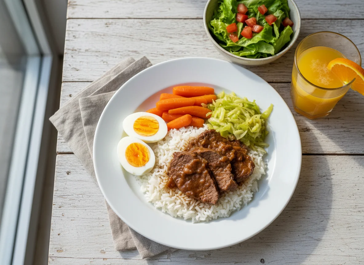 Hausmannskost mit Reis, Fleisch und Gemüse photo