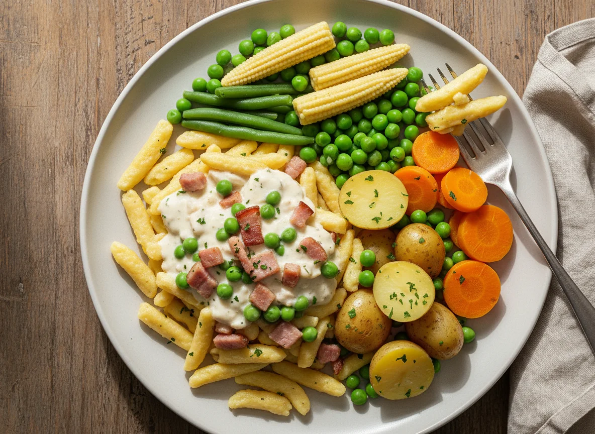 Hausmannskost mit Spätzle und Gemüse photo