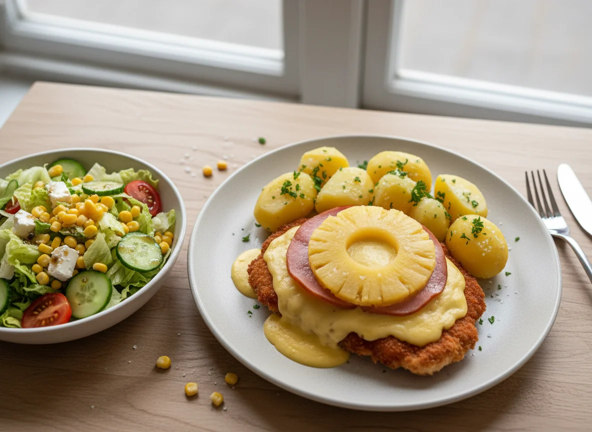 Hawaii-Schnitzel mit Kartoffeln und Salat photo