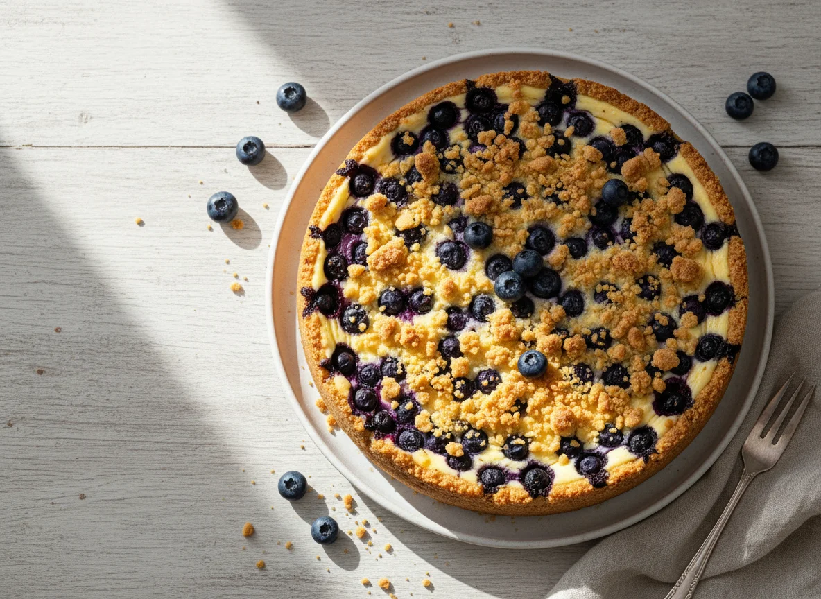 Heidelbeer-Käsekuchen mit Streuseln photo