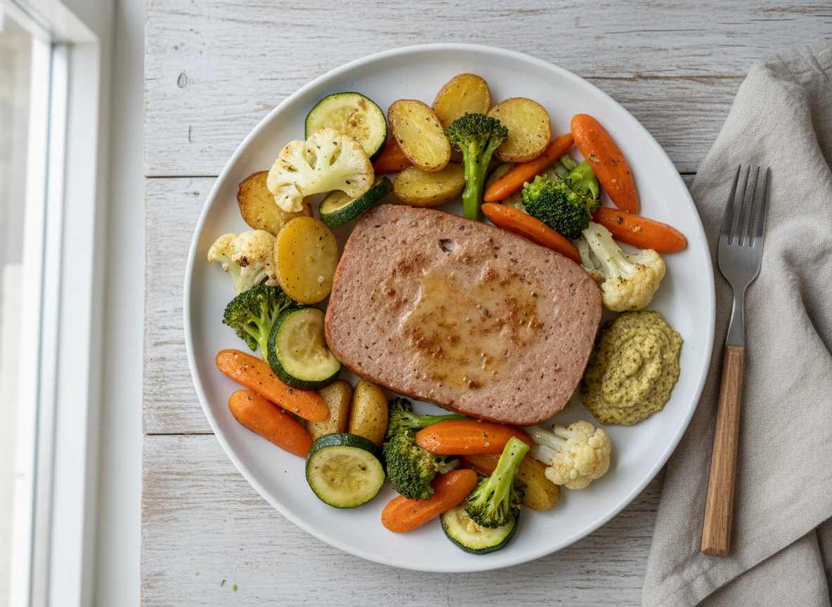 Heisser Fleischkäse und Ofengemüse und Kräutersenf photo