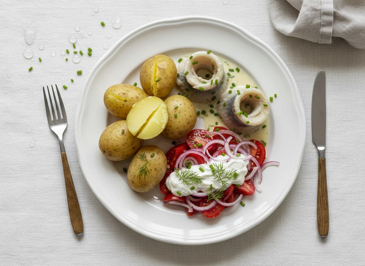 Hering mit Kartoffeln und Tomatensalat photo