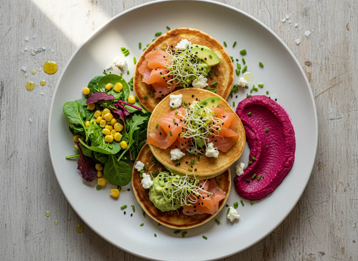 Herzhafte Pancakes mit Lachs, Avocado und Salat photo