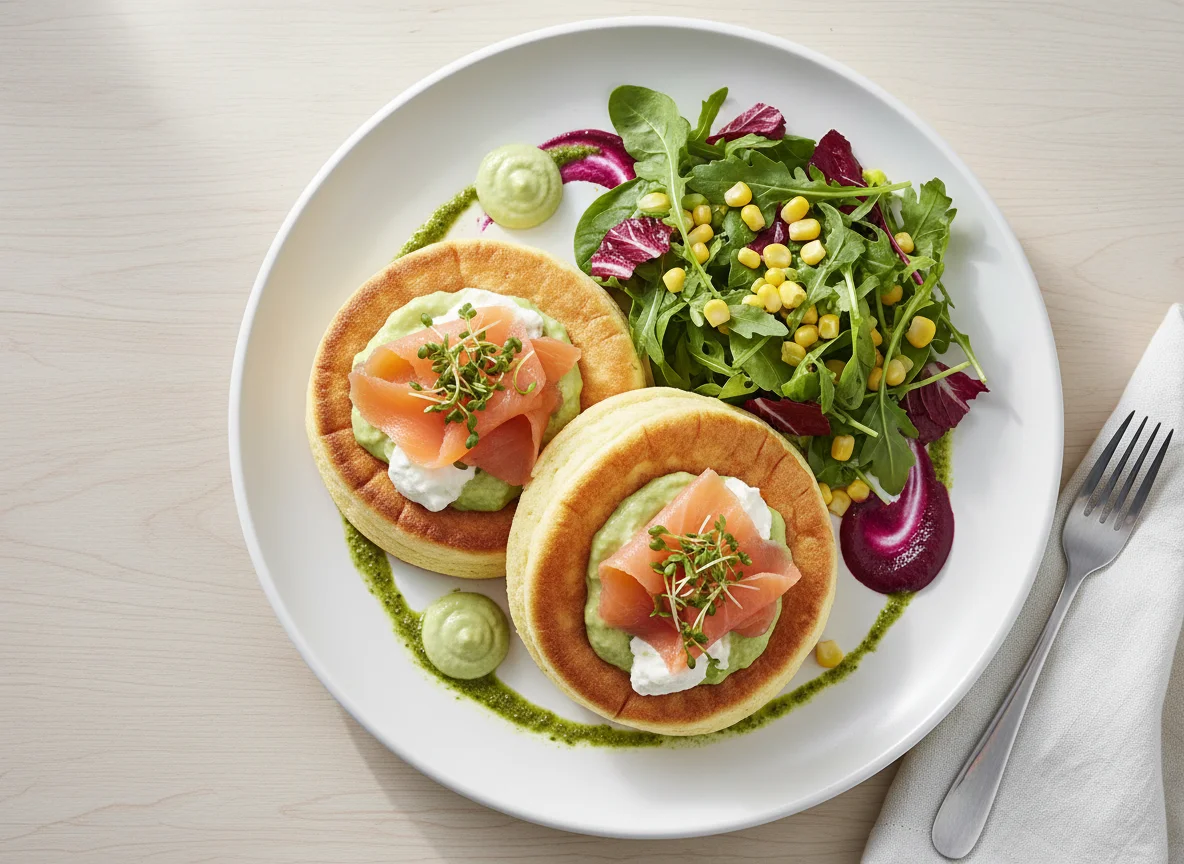 Herzhafte Pfannkuchen mit Lachs, Avocado und Salat photo