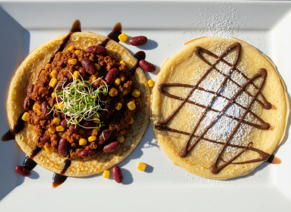 Herzhafter Crêpe mit Chili con Carne und süßer Crêpe photo