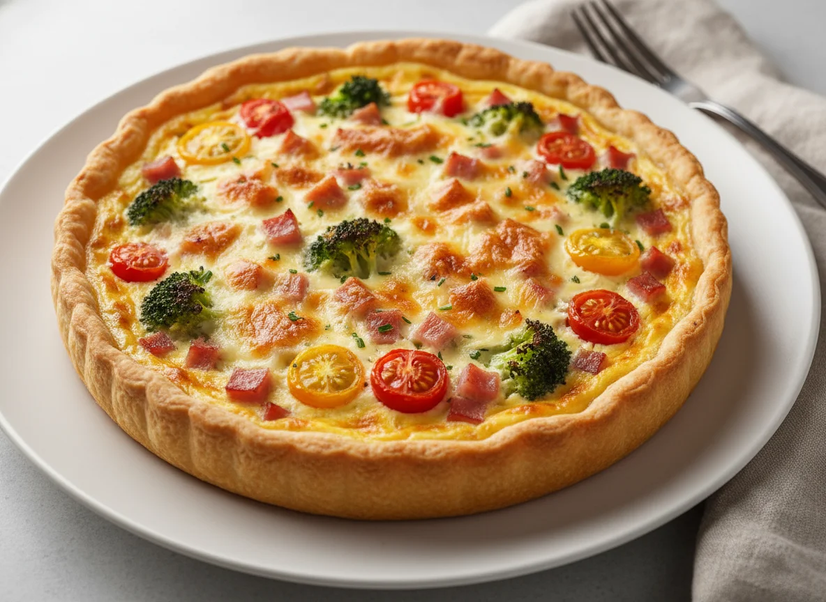 Herzhafter Kuchen mit Schinken, Brokkoli und Tomaten photo