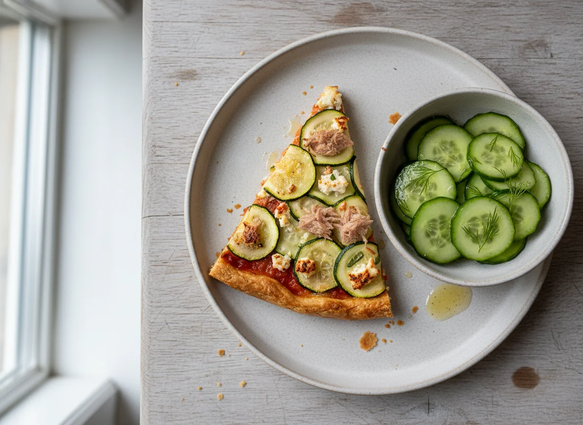 Herzhafter Kuchen mit Zucchini und Feta mit Gurkensalat photo