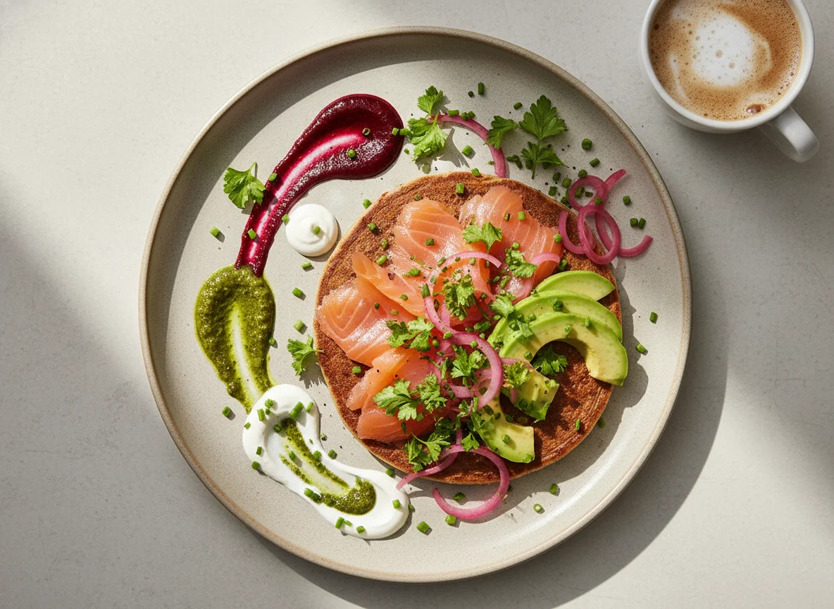 Herzhafter Pfannkuchen mit Lachs, Avocado und Saucen photo