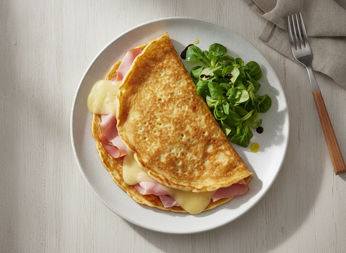 Herzhafter Pfannkuchen mit Schinken und Käse photo