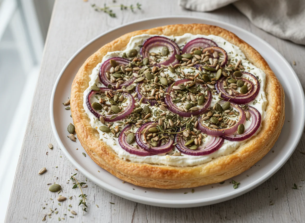 Herzhaftes Blätterteiggebäck mit Zwiebeln und Kernen photo