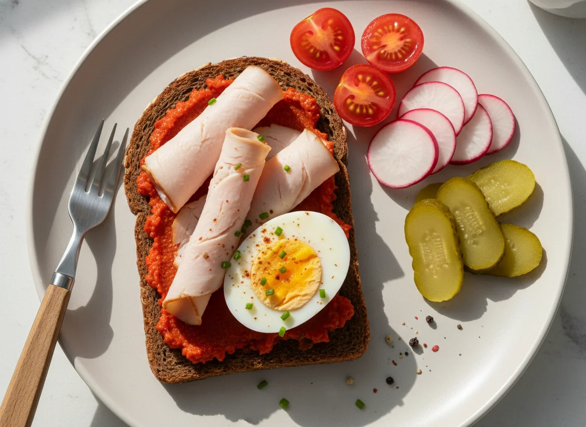Herzhaftes Brot mit Eiern und Gemüse photo