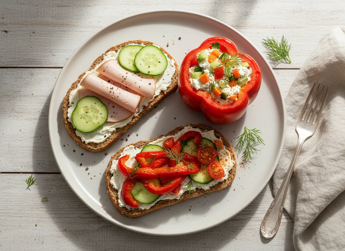 Herzhaftes Brot mit Gemüse und gefüllter Paprika photo