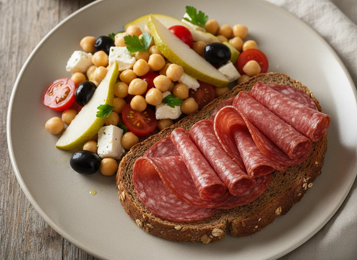 Herzhaftes Brot mit Salami und Kichererbsensalat photo