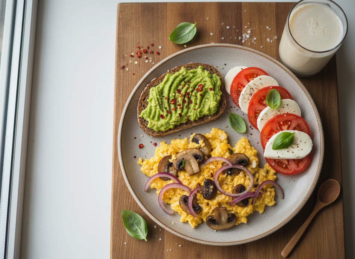 Herzhaftes Frühstück mit Rührei, Caprese und Avocado-Brot photo
