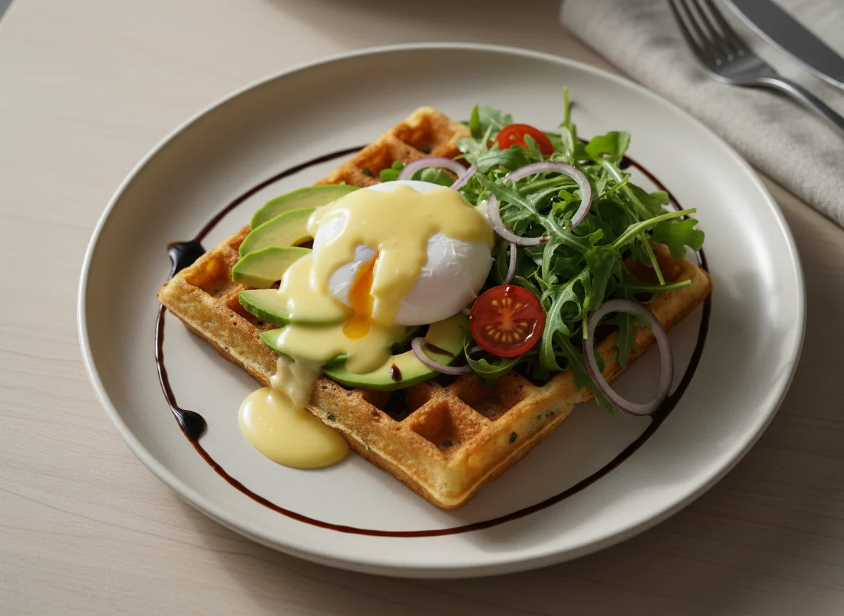 Herzhaftes Waffel-Frühstück mit pochiertem Ei und Salat photo