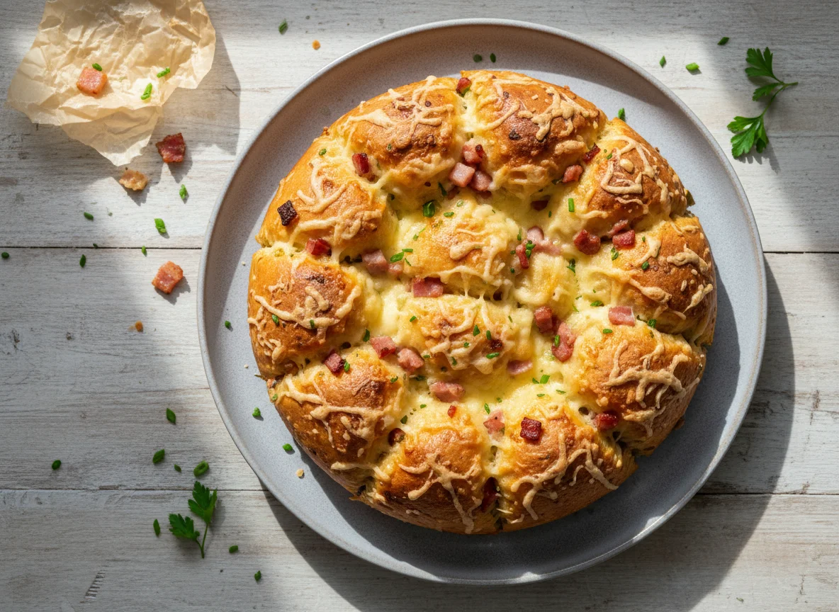 Herzhaftes Zupfbrot mit Käse und Speck photo
