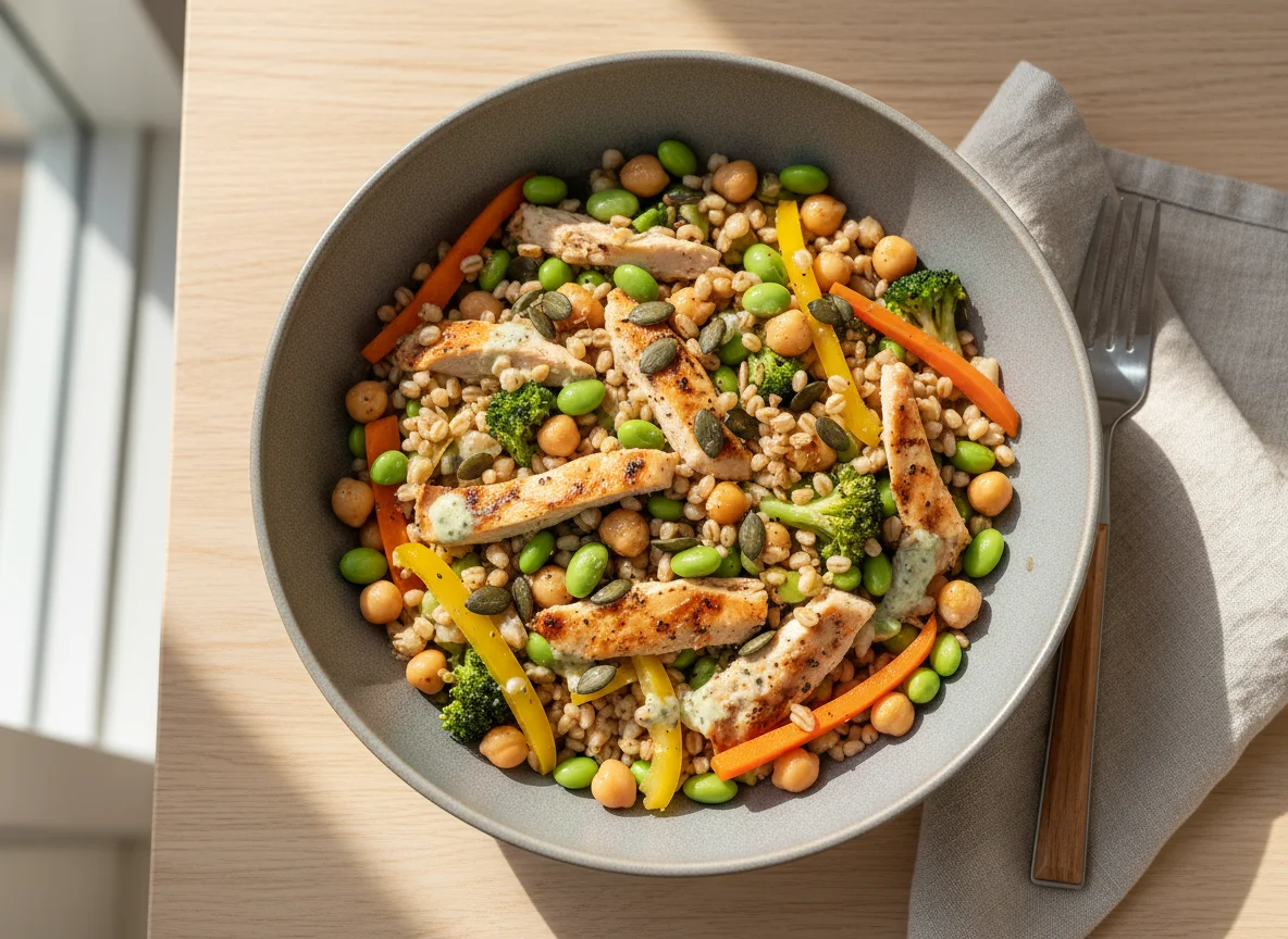 High Protein Bowl mit Vollkorngerste, Poulet, Hülsenfrüchten und Gemüse photo