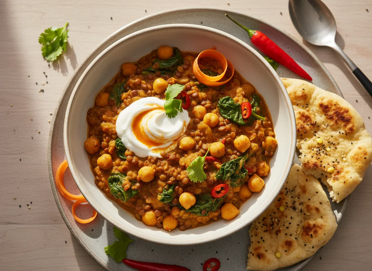High-Protein-Linsencurry mit Kichererbsen und Spinat photo