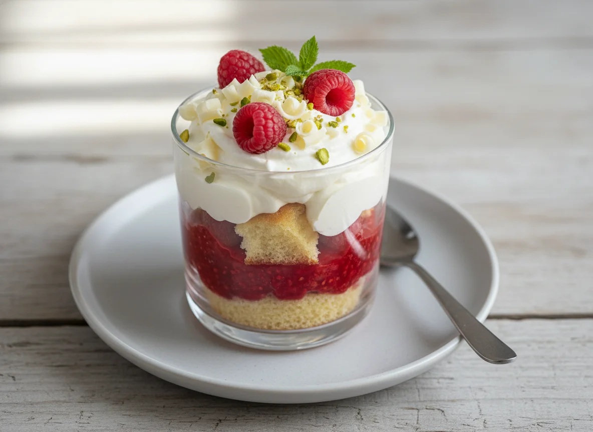 Himbeer-Sahne-Dessert im Glas photo