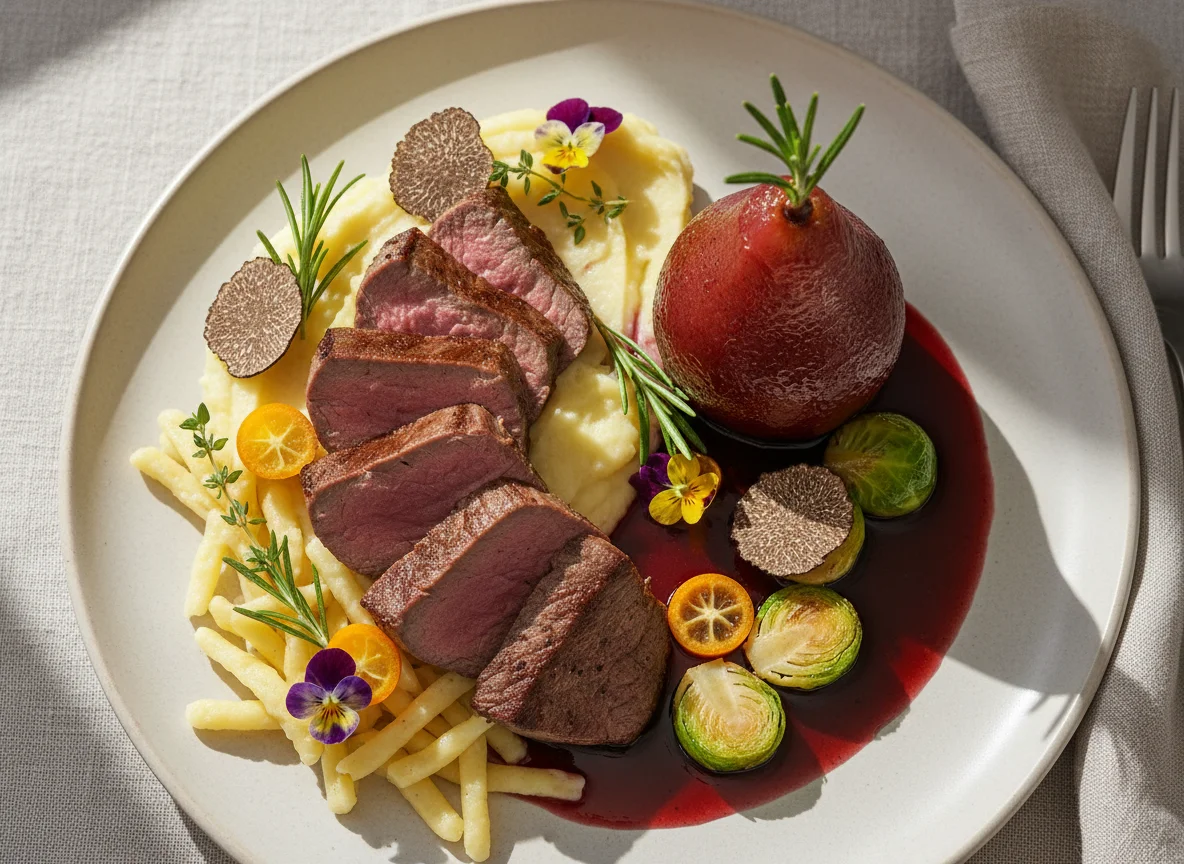 Hirschfilet mit Rotweinbirne und Beilagen photo