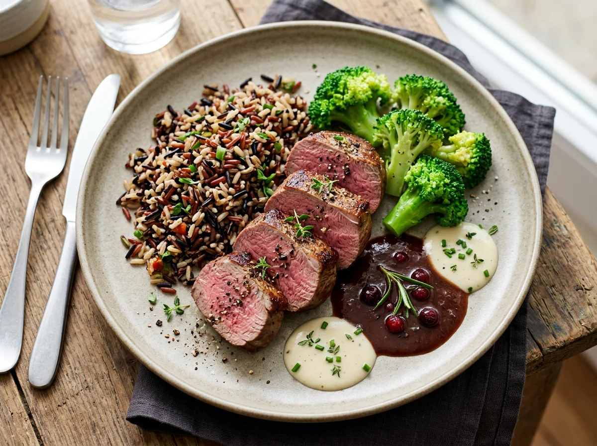 Hirschfilet mit Wildreis, Brokkoli und Saucen photo