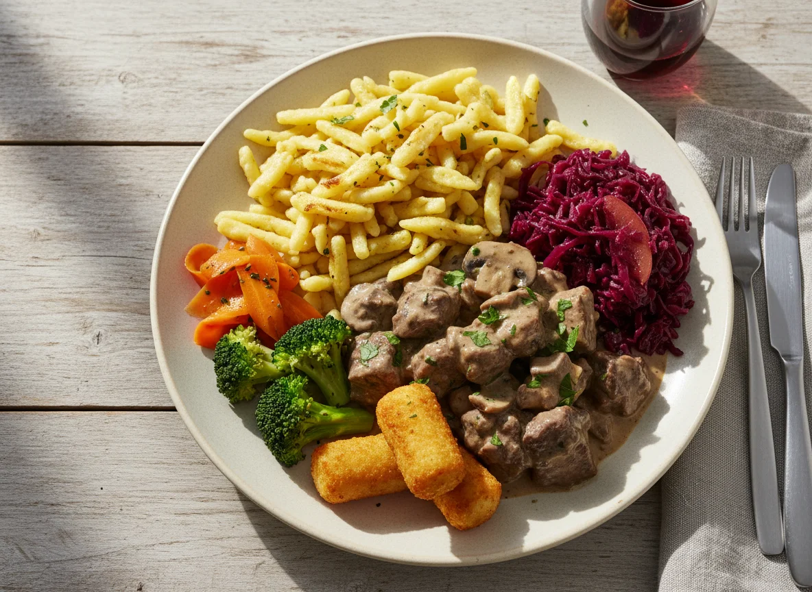 Hirschgulasch mit Spätzle und Beilagen photo