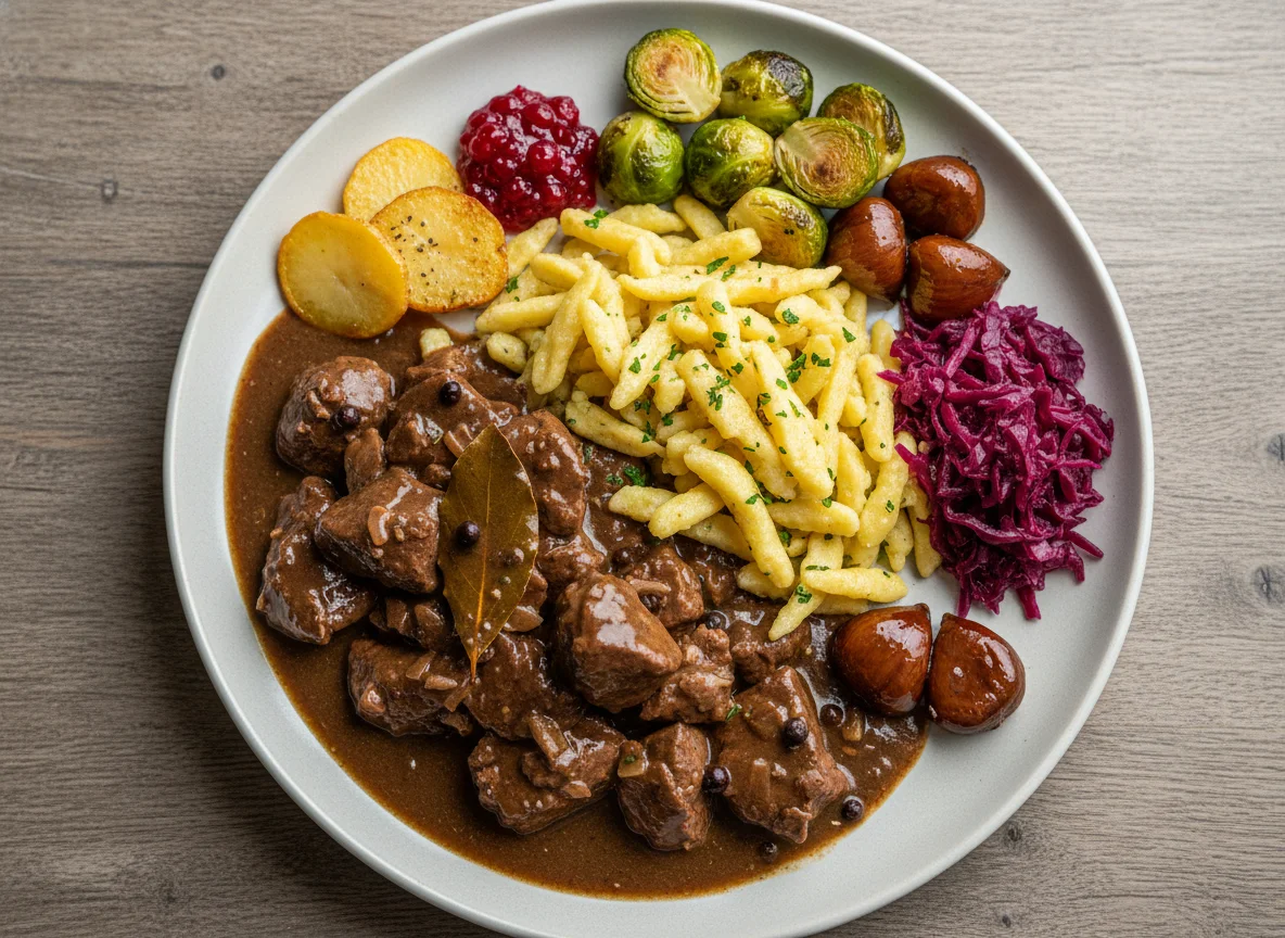 Hirschpfeffer mit Spätzli und Beilagen photo