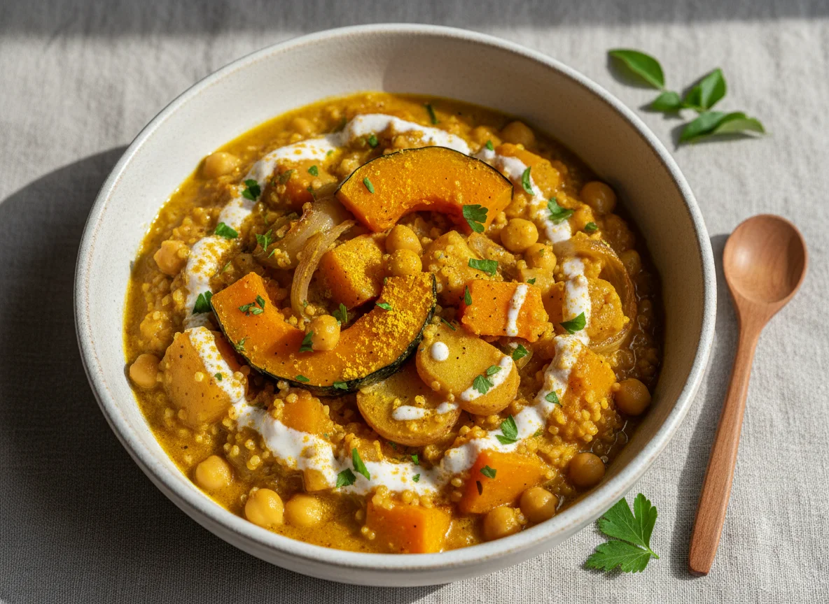 Hirse mit Curry aus Hokaido Kartoffel Kichererbsen Zwiebeln Rapsöl Kokosmilch photo