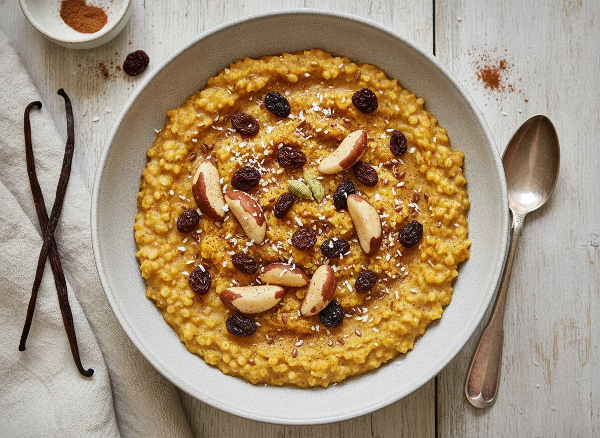 Hirse-Hafer-Porridge mit Nüssen und Trockenfrüchten photo