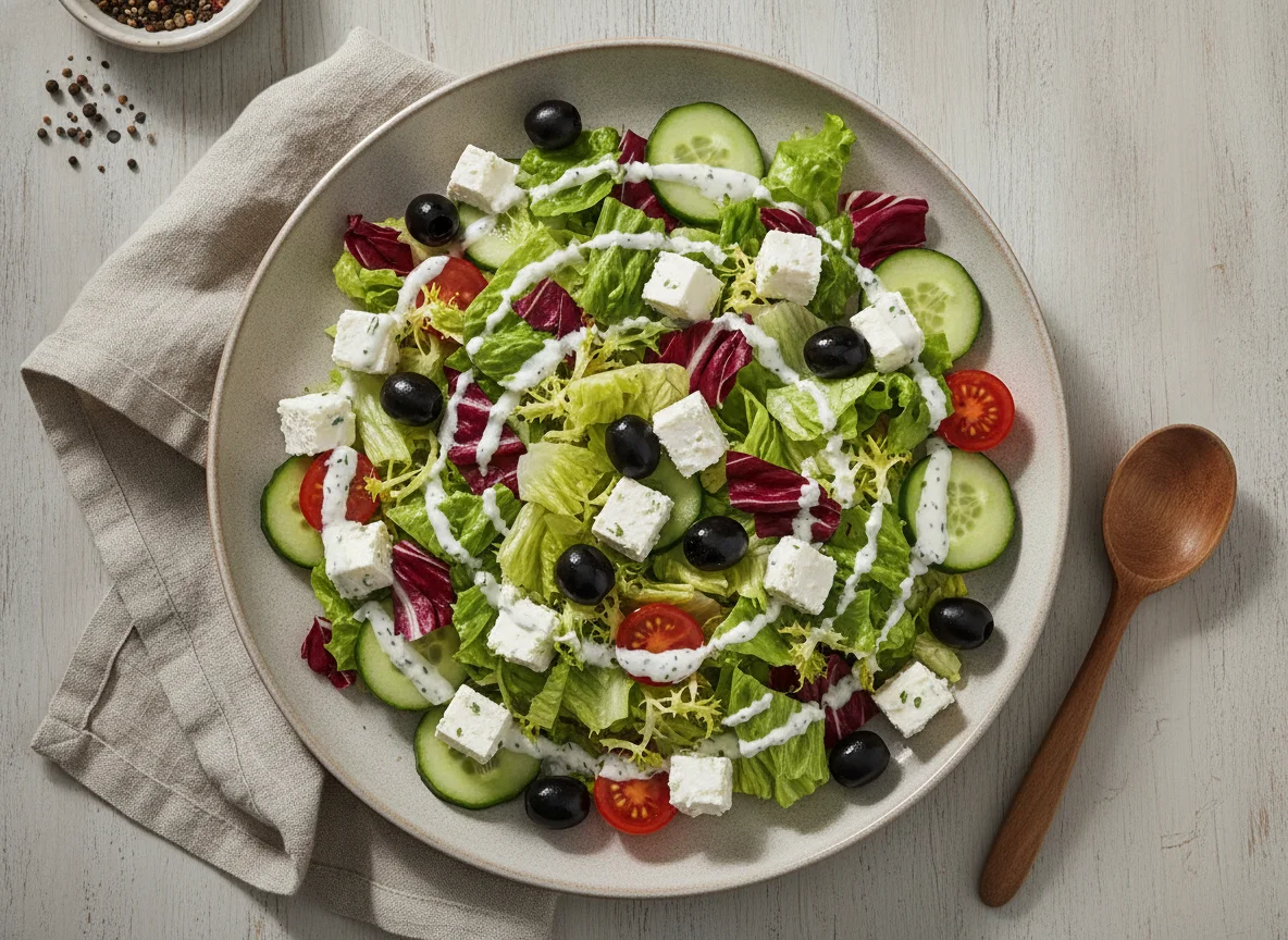 Hirtensalat mit Hirtenkäse, Oliven & Knoblauch-Dressing photo