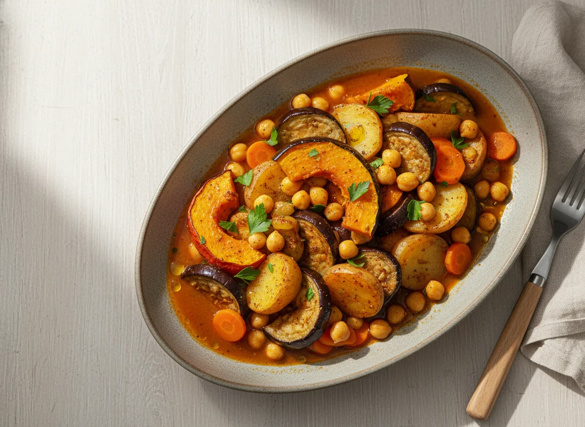 Hokkaido mit Kartoffeln Aubergine und Kichererbsen vegan photo
