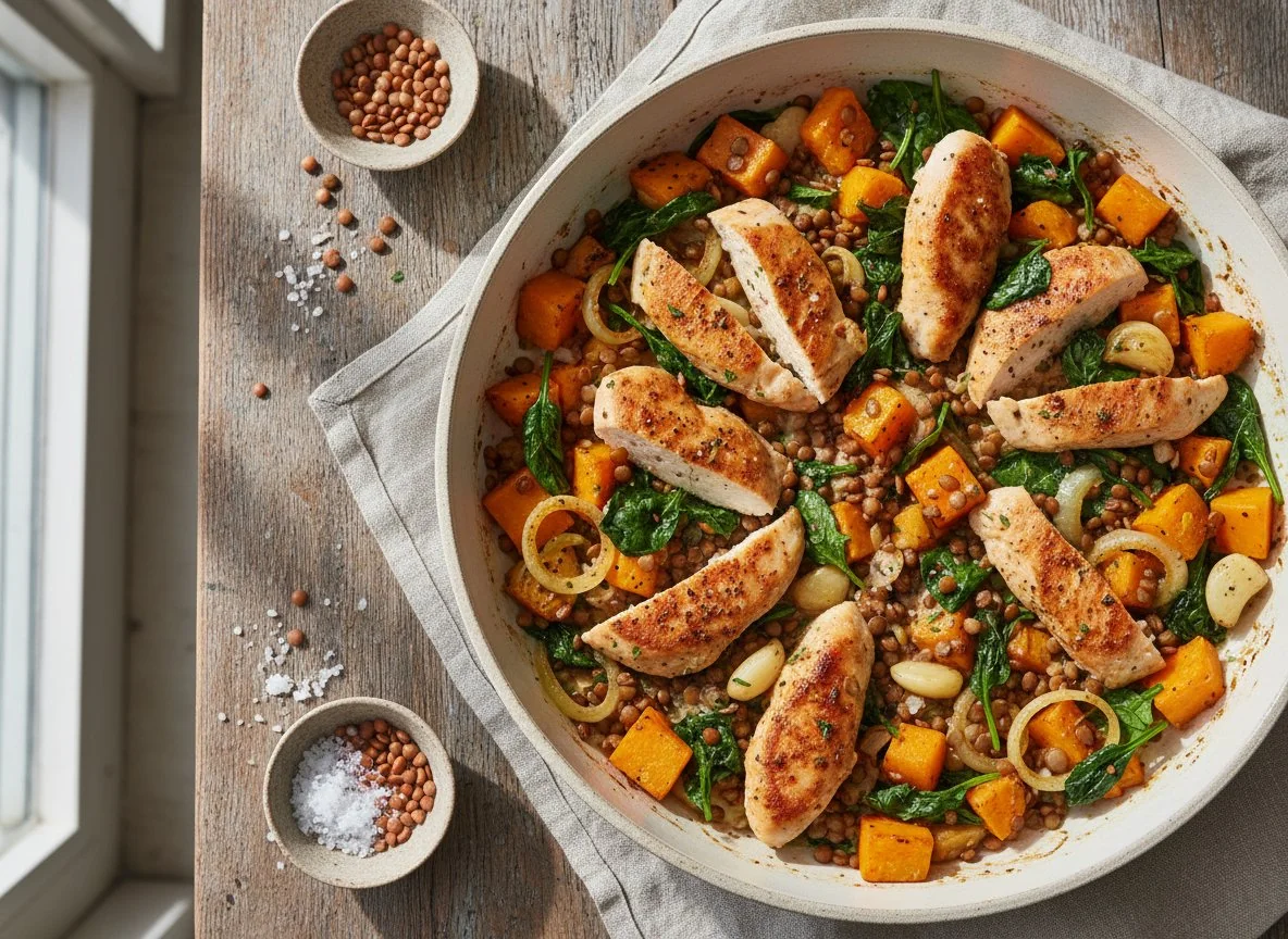 Hokkaido-Kürbis-Pfanne mit Hendl und Linsen photo