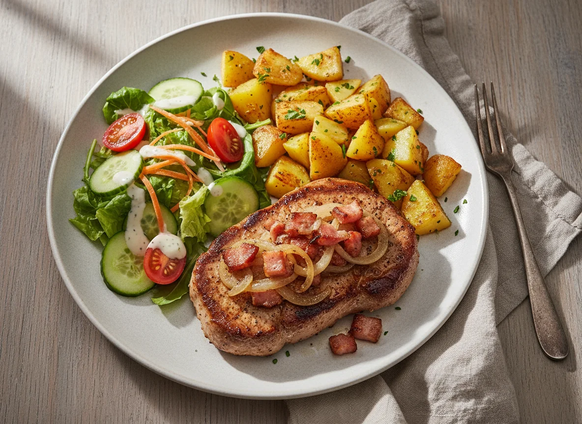 Holzfällersteak mit Bratkartoffeln und Beilagensalat photo