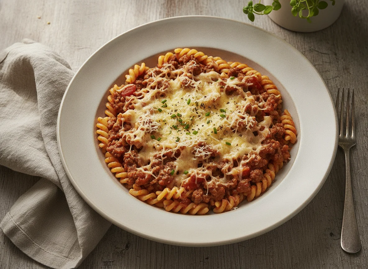 Hörnchen mit Fleischsauce und Käse photo