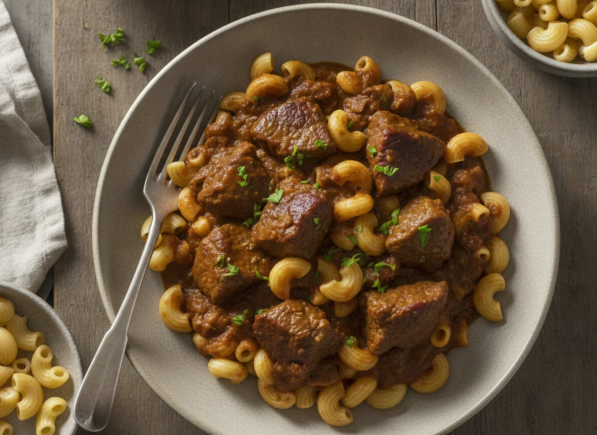 Hörnchennudeln mit Gulasch photo