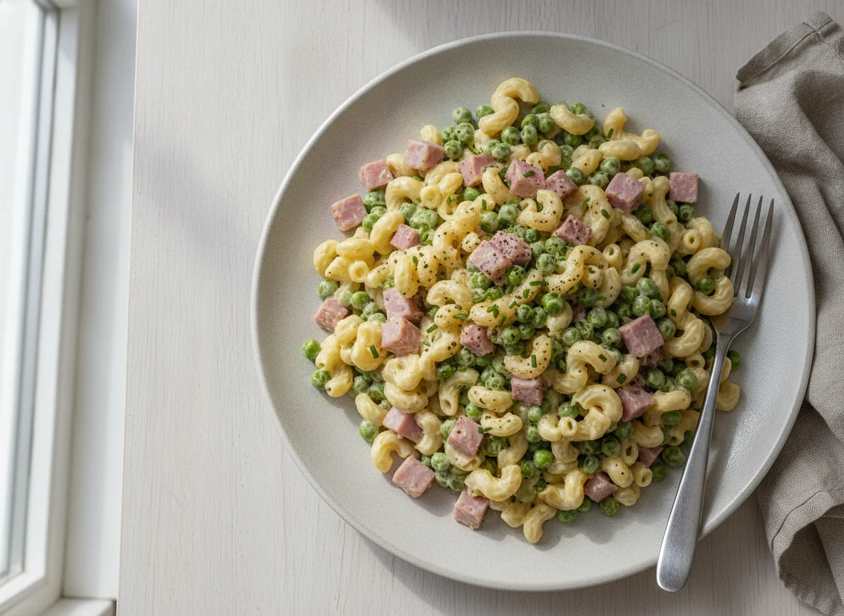 Hörnchensalat mit Schinken und Erbsen photo