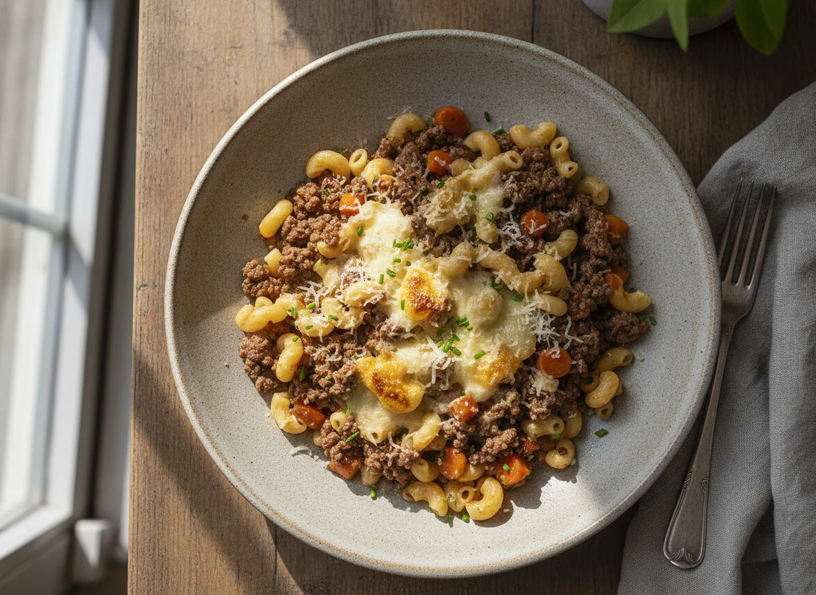 Hörnli mit Gehacktem und Käse photo