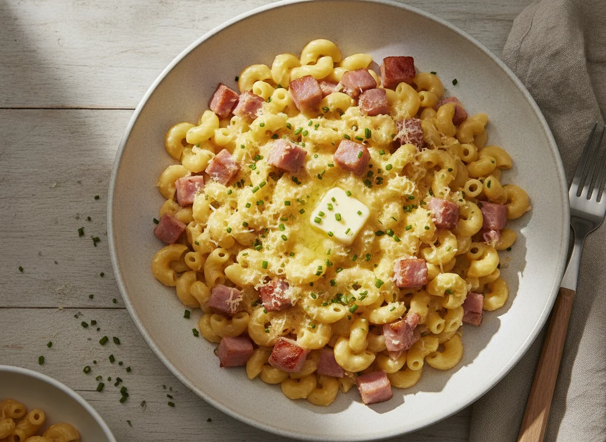 Hörnli mit Schinken und Käsesauce photo