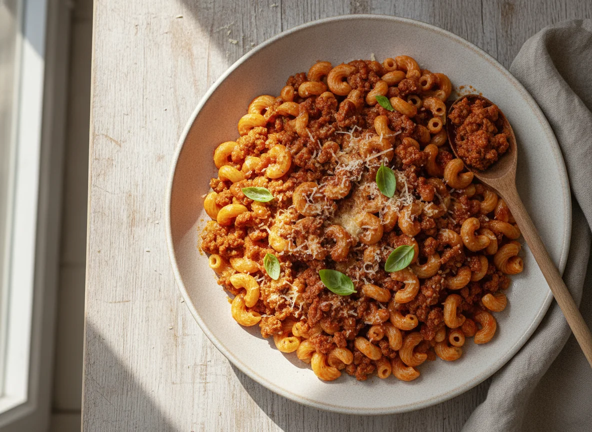 Hörnli mit Tomatensauce und Hackfleisch photo