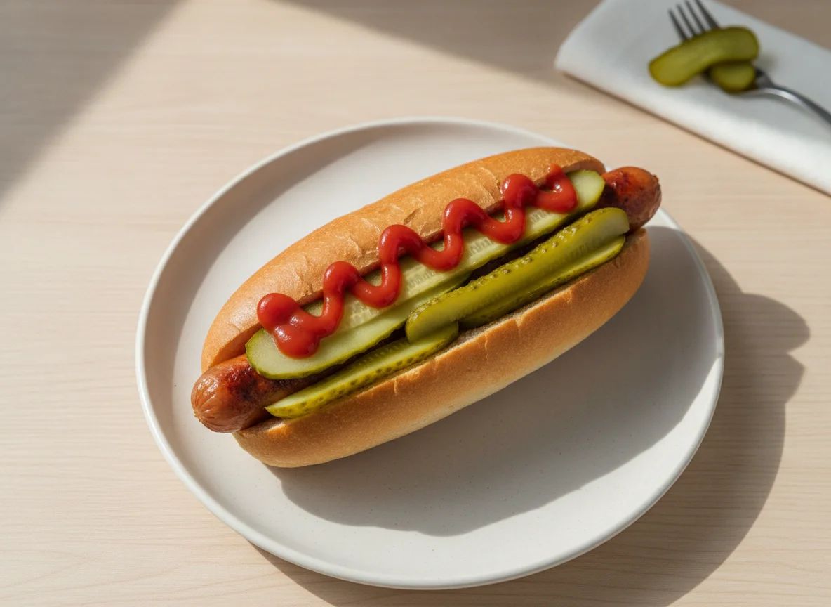 Hot Dog mit Gewürzgurken und Ketchup photo