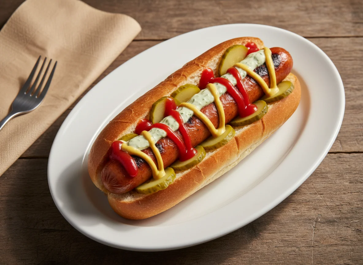 Hot Dog mit Gurken und Saucen photo