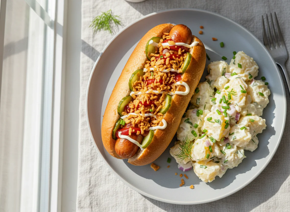 Hot Dog mit Kartoffelsalat photo