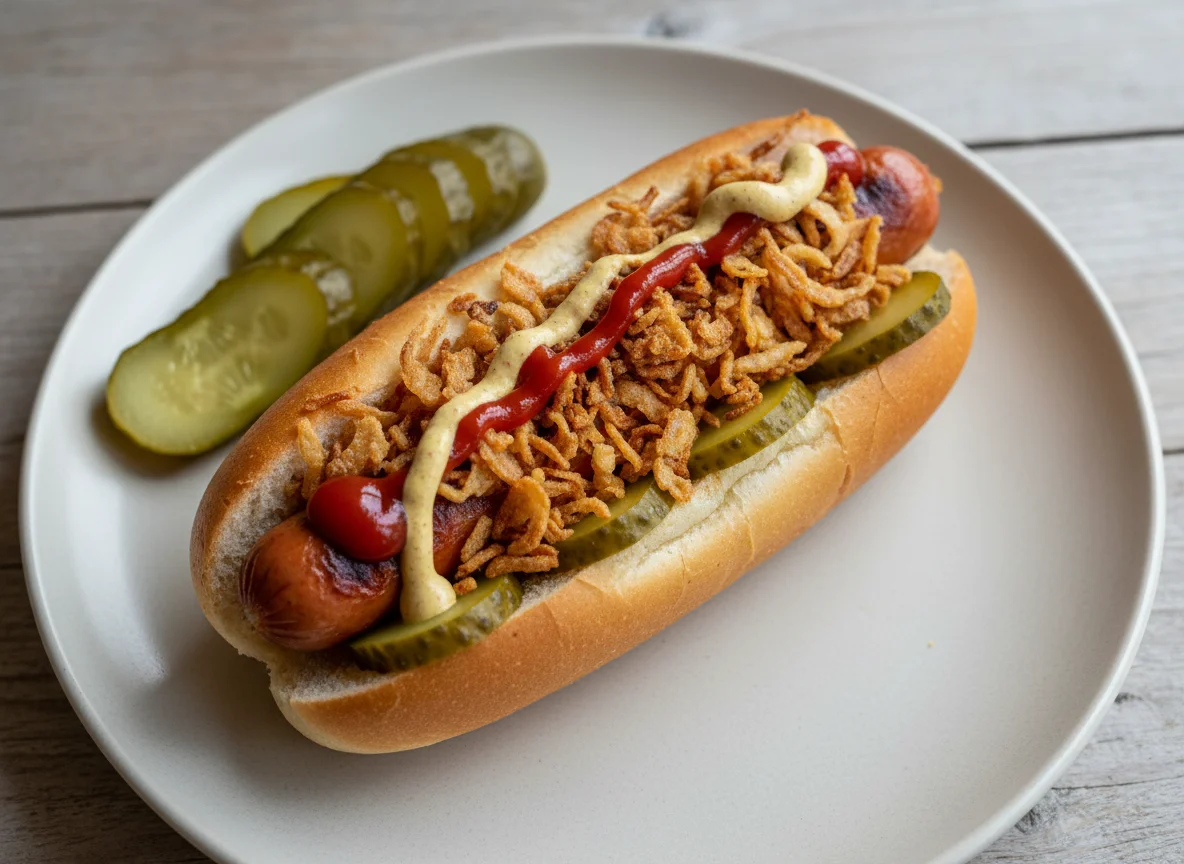 Hot Dog mit Röstzwiebeln und Gewürzgurken photo